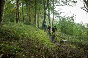 Three boys on mountain bikes ride through Castlewellan Forest